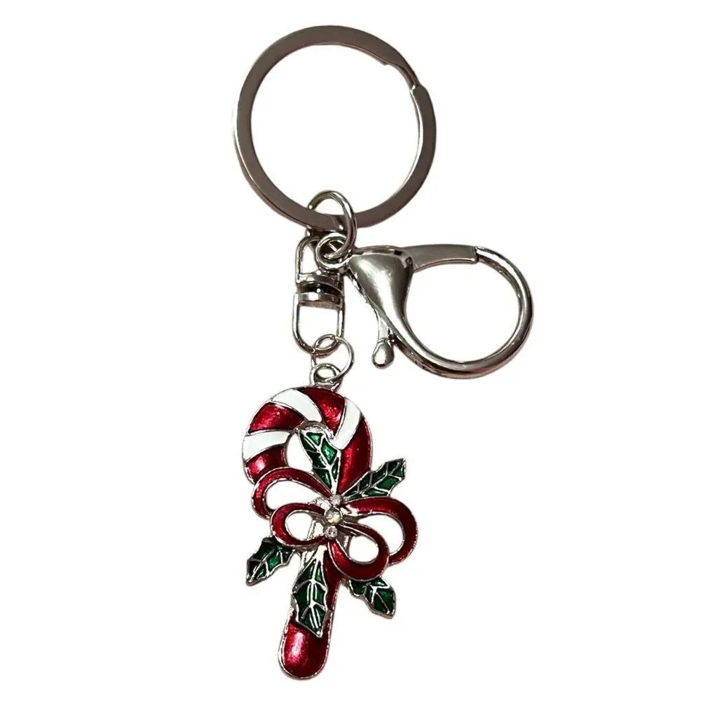 Red And White Candy Cane Silver Tone Keychain